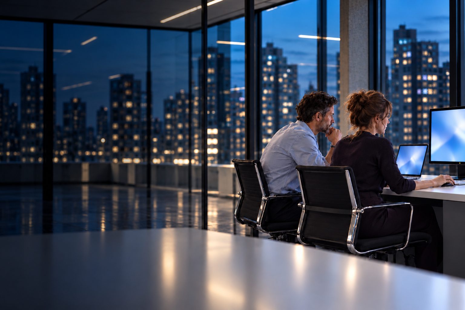 A man from the implementation team sitting beside an office manager at her own desk at dusk, as she tries a new setup on her screen