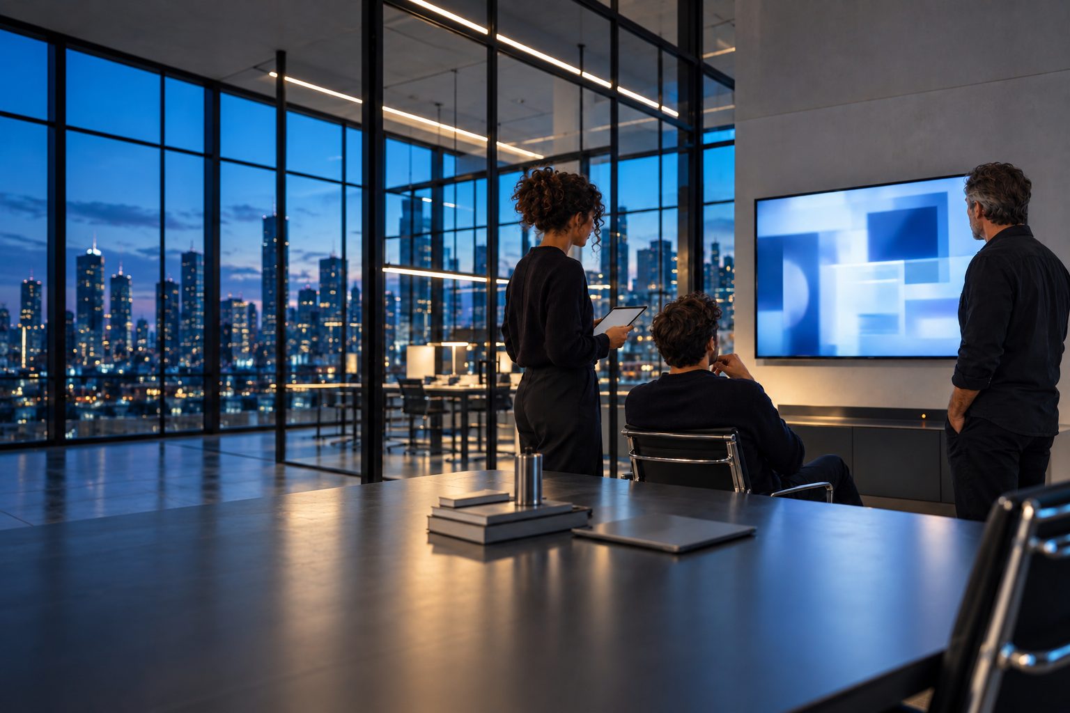 People at a small agency talking over a layout on a large wall screen