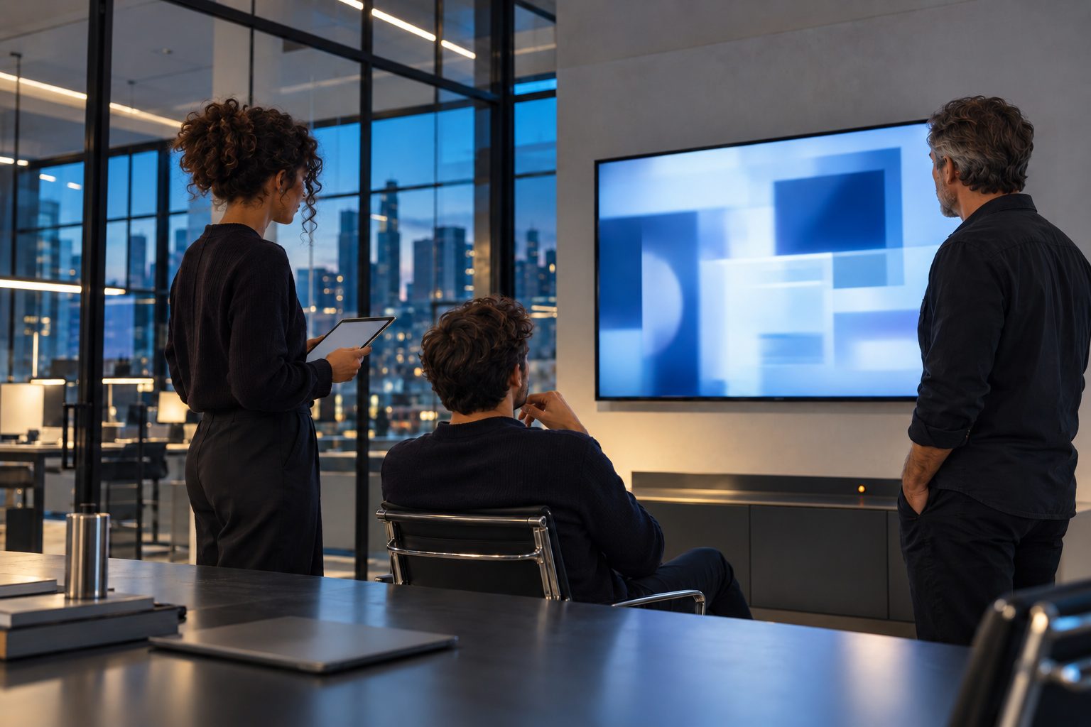 Three people at a small agency talking over a layout on a large wall screen