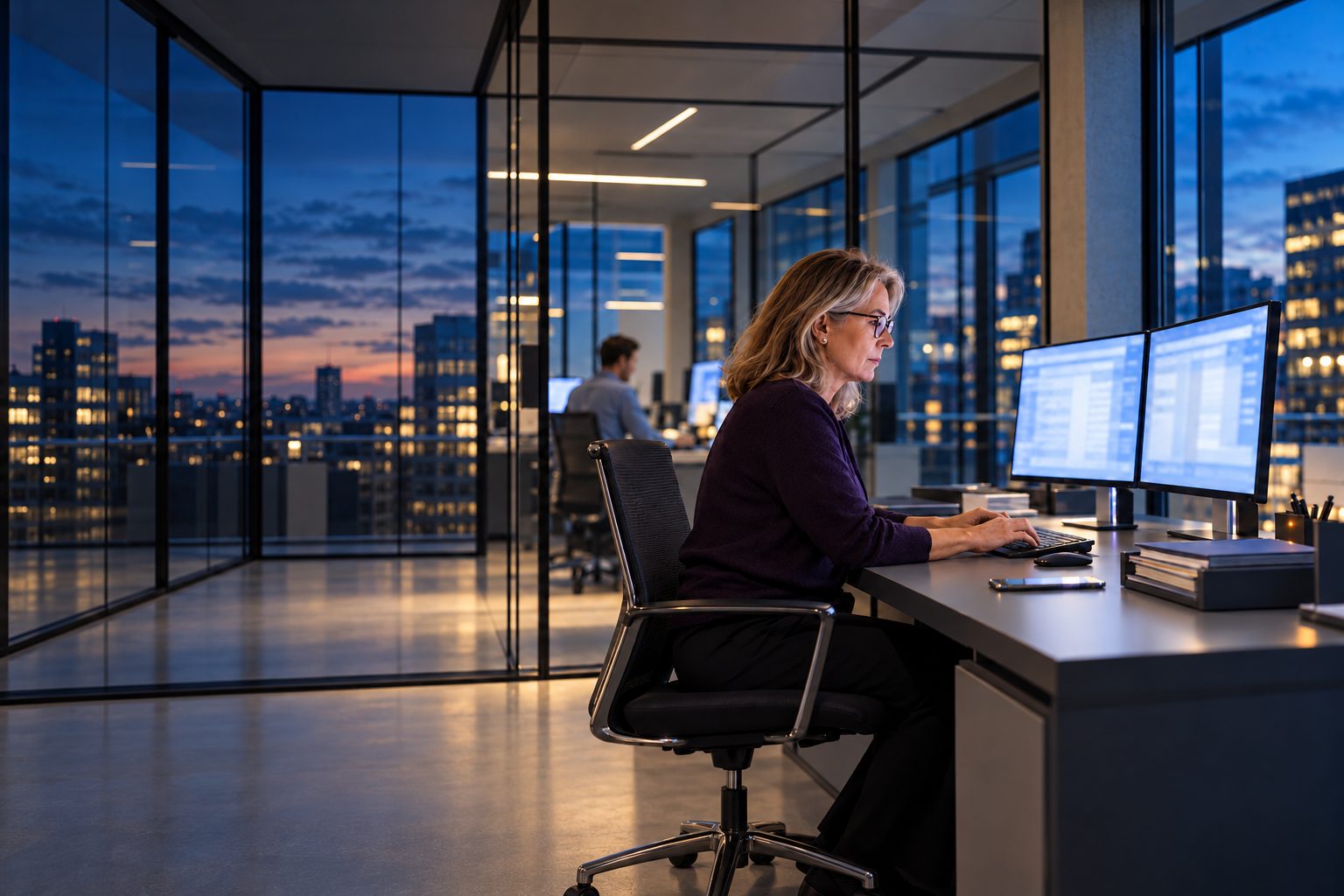 An accountant working at two monitors in a glass-walled office in the evening