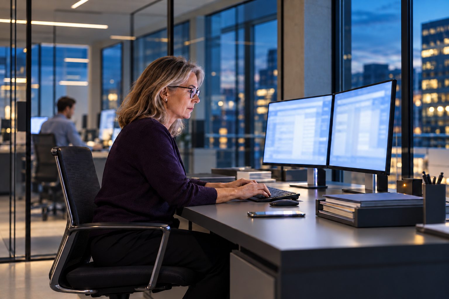An accountant working at two monitors in a glass-walled office in the evening