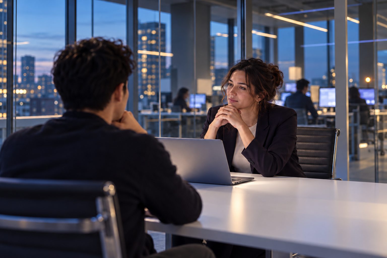 A recruiter listening to a candidate across a table in a glass meeting room at dusk